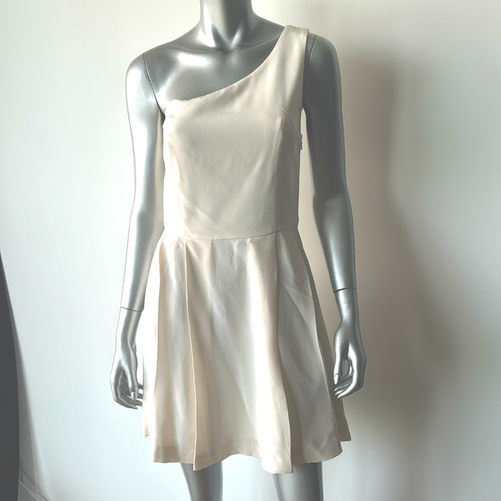 Ivory pleated one shoulder genuine silk dress